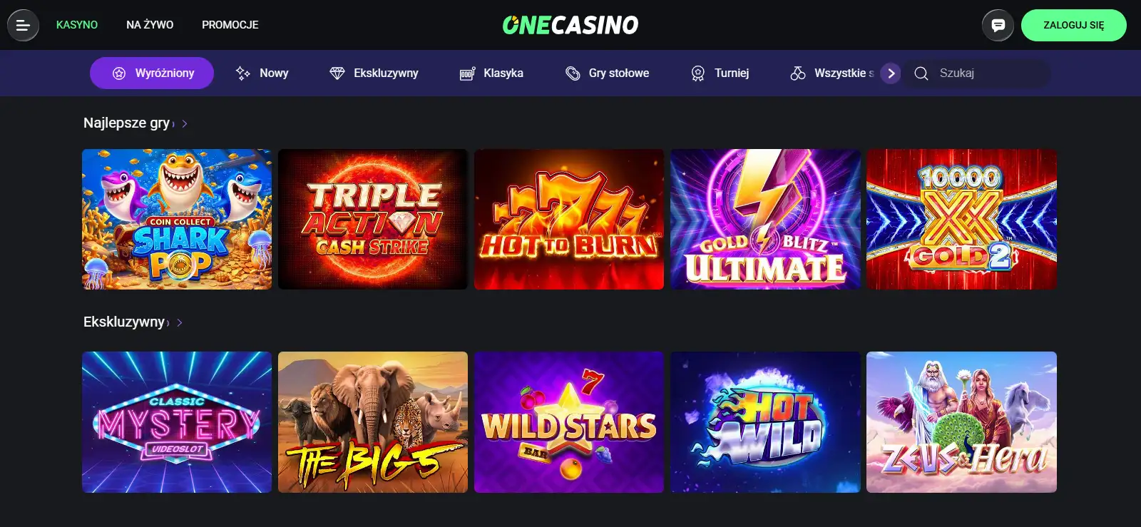 Widok autentycznej strony głównej OneCasino z menu i częścią katalogu gier