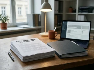 Na uporządkowanym biurku leżą dokumenty i zamknięta teczka obok laptopa