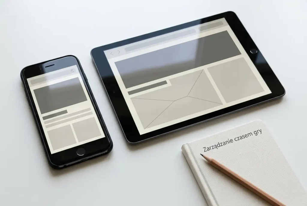Telefon i tablet z nieczytelnymi ekranami leżą na jasnym blacie obok notesu